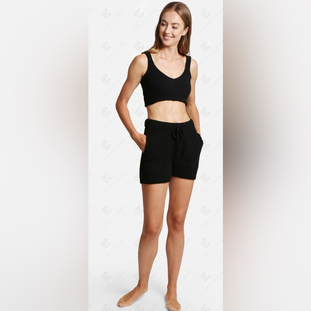 Crop Tank Top & Shorts Black Luxury Cozy & Soft Leopard Print Square M/L New